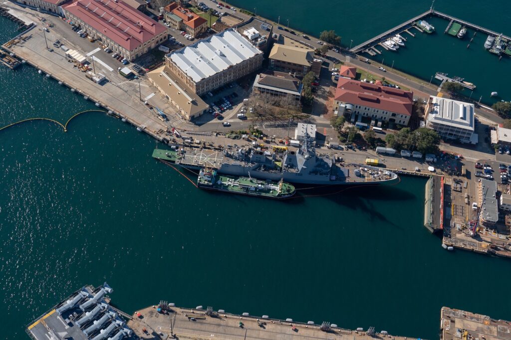 aerial view of naval base ship, Australian Royal Navy ship in dock